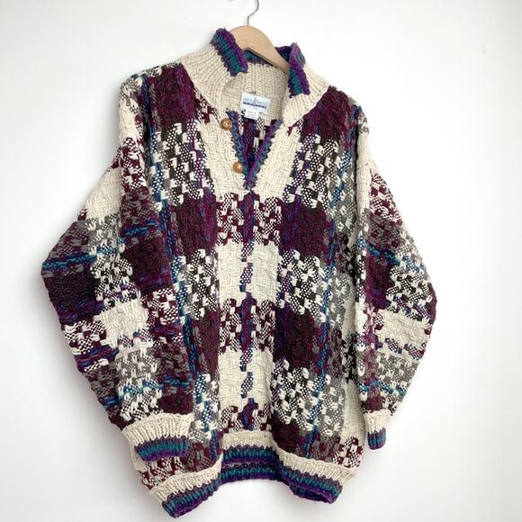 Vintage 90s Chunky Knit Plaid Cottagecore Coastal Fisherman Wool Sweater XXL - Picture 1 of 8